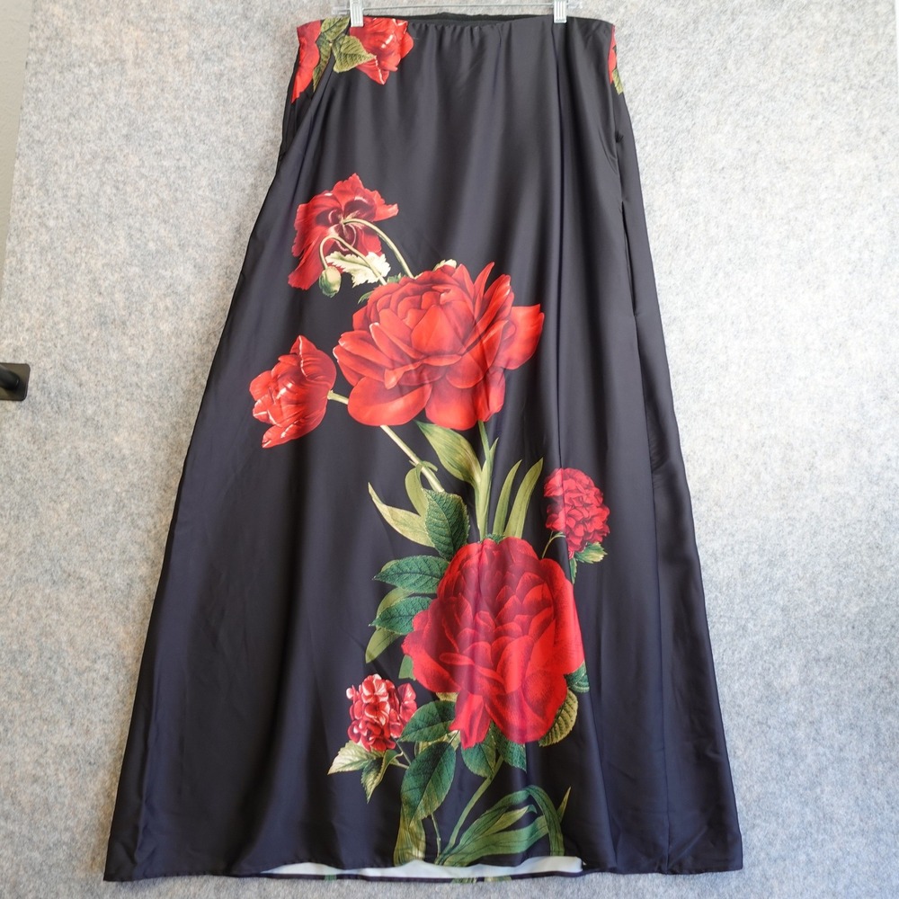 Nicole Miller Dress Womens L Black Floral Strapless Midi Red Rose Goth Romantic - Picture 5 of 11